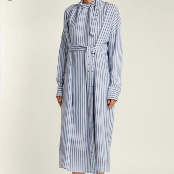 Tibi Striped Long Sleeve Belted Midi Shirt Dress Blue / White Women's Size 2 - Picture 1 of 12